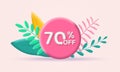 3d Sale banner. 70 percent price off label or icon with leaves. Discount badge or price tag.